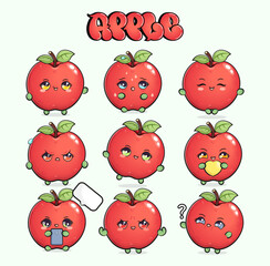Funny cute happy red apple characters bundle set. Vector hand drawn doodle style cartoon character illustration icon design. Isolated on green background. Cute red apple mascot character collection