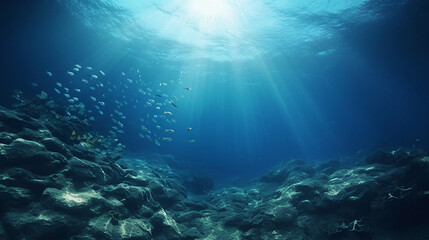 Fototapeta na wymiar Underwater scene of a ocean depths in blue tones as frame or background 