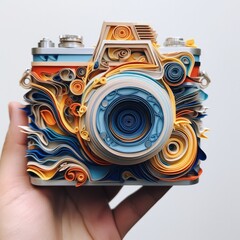 A person holding a camera made out of paper. Generative AI.