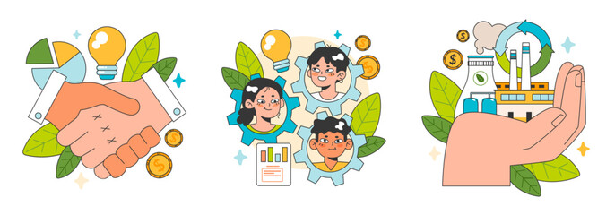 Social entrepreneurship set. Business' responsibility for impact on society and environment. Financing and implementing solutions for Sustainable development. Flat vector illustration