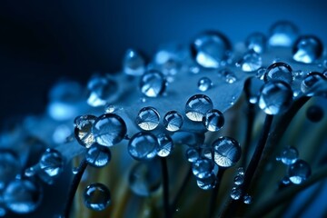 Image of a blue background covered in dew drops, with a close-up perspective. Suitable for wallpaper. Generative AI