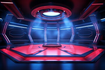 Futuristic studio with red lighting, empty stage, and blue lights. Ideal for design with a futuristic background. Generative AI
