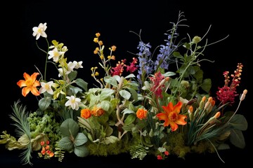 Obraz na płótnie Canvas Foreground of lifelike blooming plants on a plain background. Generative AI