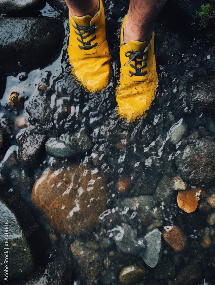 Poster A person wearing yellow rain boots standing in a stream. Generative AI.