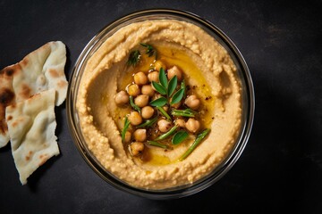 Overhead shot of a homemade chickpea dip on a clear backdrop. Generative AI - obrazy, fototapety, plakaty