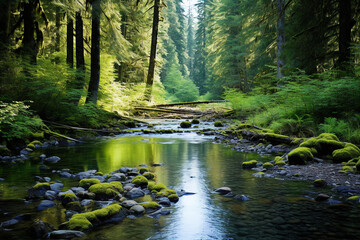 a tranquil and picturesque scene in a lush, untouched forest. The forest floor is carpeted with vibrant green moss, and ancient trees stretch towards the sky. 
