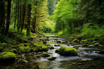 Obraz premium a tranquil and picturesque scene in a lush, untouched forest. The forest floor is carpeted with vibrant green moss, and ancient trees stretch towards the sky. 