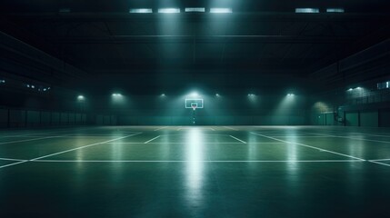 An empty basketball court with lights shining on it. Generative AI.