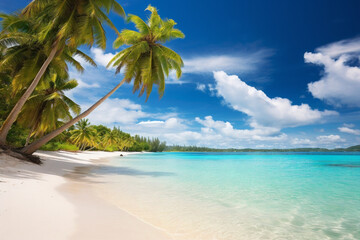 Fototapeta na wymiar serene scene on a tropical beach during a perfect summer day. The soft, powdery sand stretches as far as the eye can see, and crystal-clear turquoise waves gently lap at the shore. Palm trees sway in 