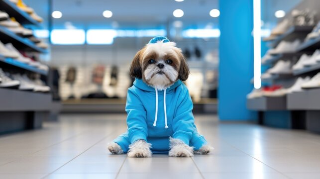 A cute small shit tcu dog in a blue hoodie sitting on the floor in a store. Generative AI.