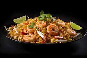 Pad Thai dish with rice noodles, shrimps, beans sprouts