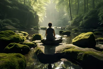 Fotobehang Person meditation in calm nature, zen green garden © valiantsin