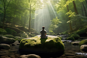 Person alone in zen nature, meditating and sitting on big rock, stone
