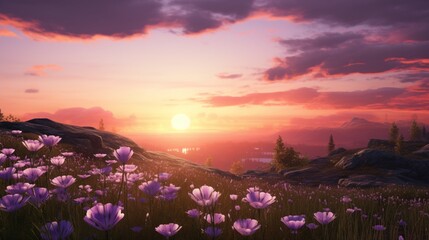 A breathtaking sunset over a landscape covered in Celestial Celandine, with the sky painted in shades of orange and purple.