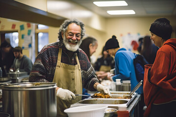 Volunteer at a soup kitchen feed the hungry. social responsability concept - obrazy, fototapety, plakaty
