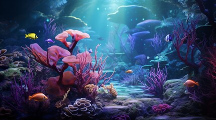 Fototapeta na wymiar A school of exotic fish swimming among a forest of Amethyst Anemones, creating a breathtaking scene.