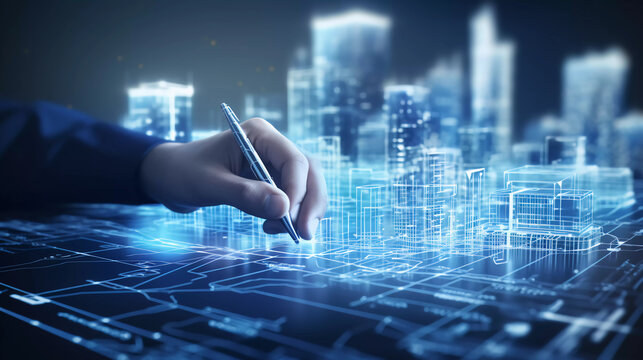 3D image of human's hand using a pen writing on a digital blueprint with cityscape on a futuristic interface background