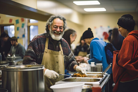 Volunteer at a soup kitchen feed the hungry. social responsability concept