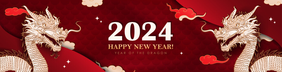 Red luxury header with hand drawn paper cut Chinese Dragon as a traditional symbol of 2024 New year. Panoramic banner with asian decorations - clouds, stars, dragon scales. Christmas layered billboard