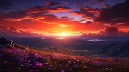 A breathtaking sunset over a landscape covered in Celestial Celandine, with the sky painted in shades of orange and purple. - obrazy, fototapety, plakaty
