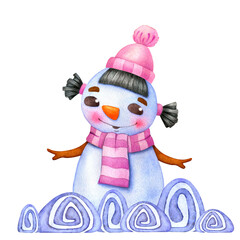 A funny snowman girl in a scarf and hat stands in a snowdrift. Winter watercolor illustration with a cartoon character isolated on a transparent background drawn by hand.
