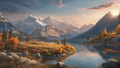 autumn landscape with a river and the mountains. 3d illustration.autumn landscape with a river and the mountains. 3d illustration.beautiful sunset over the mountains. nature
