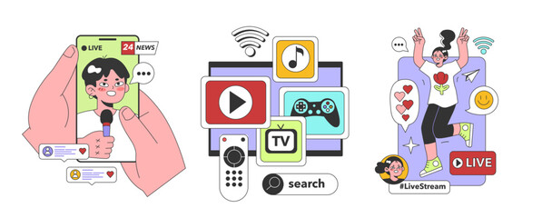 Streaming media service set. Online platforms subscription. Smart TV, computer or phone screens with educational, entertaining and news content. Flat vector illustration