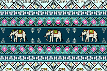 Ethnic Thai Elephant Pixel Art Seamless Pattern.  Vector design for fabric, tile, embroidery, wallpaper and background