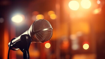 Professional condenser studio microphone over the musician blurred background and audio mixer, Musical instrument Concept 