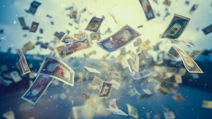 Banknote money bills scattered in the air. - obrazy, fototapety, plakaty