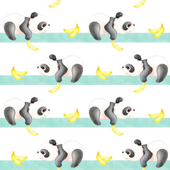 Seamless pattern with cute pandas and bananas on a striped background. Hand drawn children's watercolor illustration for fabric, packaging, textiles, wallpaper, clothing.
