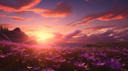 A breathtaking sunset over a landscape covered in Celestial Celandine, with the sky painted in...