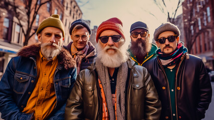 A bunch of elderly hipsters in the city park.