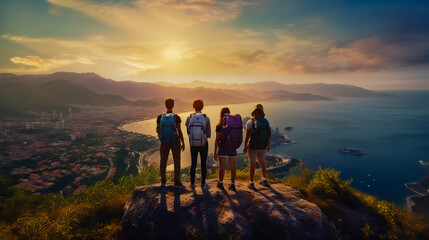 A group of people with colored backpacks stand on top of a cliff overlooking the sea in the city. - obrazy, fototapety, plakaty