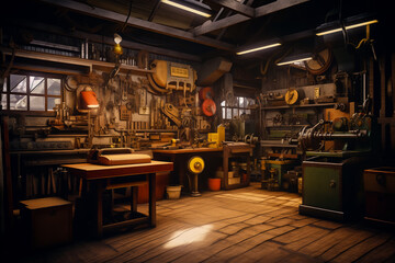 A joinery shop with old machines, general view.