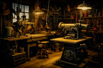 Fototapeta premium A joinery shop with old machines, general view.