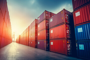 Containers shipping in a freight terminal at sunset, toned image