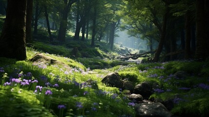 A serene forest glade filled with Celestial Campanula, their colors contrasting with the lush greenery of the surroundings.