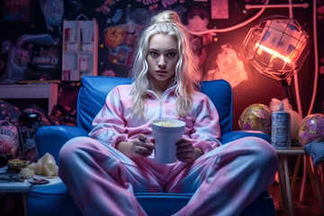 Fototapeta na wymiar beautiful girl in pajamas drinking tea in bed at night