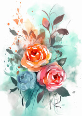 Watercolour painting — peach coloured roses in a flower arrangement, isolated on white paper, scanned style illustration in bright light colours