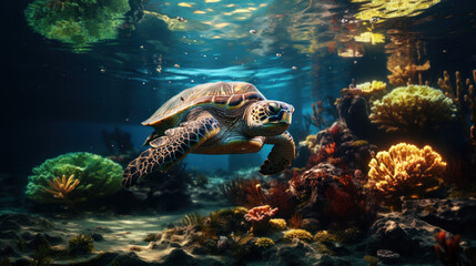 Hawaiian Green Sea Turtle Chelonia mydas swimming underwater.