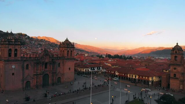 Aerial shots of the city of Cusco in Peru, the main square, the mountain of the seven colors, its archaeological ruins and beautiful landscapes.