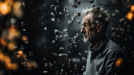 Portrait of an old man standing in the rain from falling stones. Rocks falling to the ground, thoughts about lost life. - obrazy, fototapety, plakaty