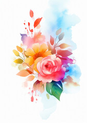Watercolour painting — pink roses in a flower arrangement, isolated on white paper, scanned style illustration in bright light colours