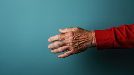 Senior caucasian hand in red over blue isolated background picking and taking invisible thing, fingers showing space.
