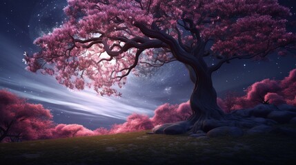 A serene forest with a majestic Moonstone Magnolia tree standing tall.