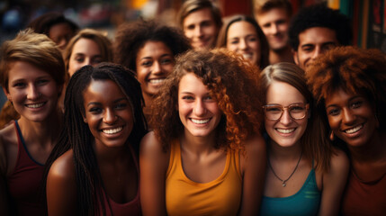 Obraz premium Group of young people looking at camera in the city, close up. Multi ethnic guys and girls friendship concept.