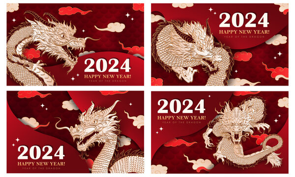 Set of 4 red luxury web banner with hand drawn papercut Chinese Dragon for 2024 Lunar New year. Layered Christmas greeting cards in paper art style with asian clouds, stars, dragon scales