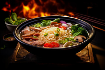 Asian ramen soup with rice noodles, mushrooms and pork in black bowl. Asian cuisine. Delicious and healthy food. Photo for the menu.