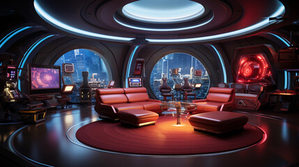 A futuristic science fiction-themed room with holographic displays, neon lighting, and futuristic...
